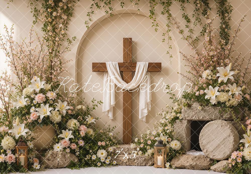 Kate Easter Resurrection Cross Beige Flower Arch Printed Backdrop Designed by Shutter Swan Studios