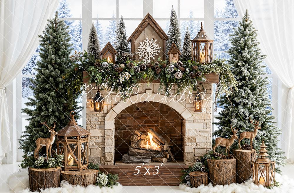 Kate Christmas Stone Fireplace Pine Trees Lanterns Deer Window Backdrop Designed by Emetselch
