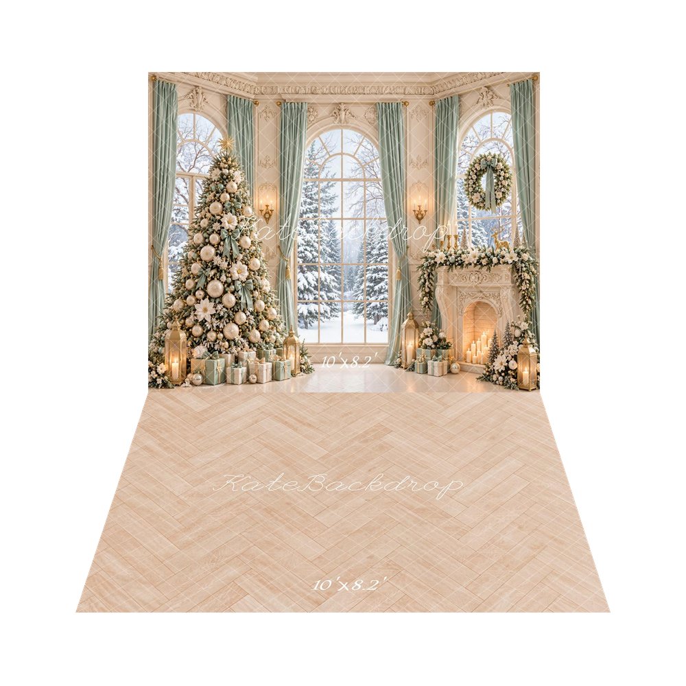 Kate Christmas Tree Fireplace Wreath Snowy Window Printed Backdrop+Beige Herringbone Wood Texture Printed Backdrop