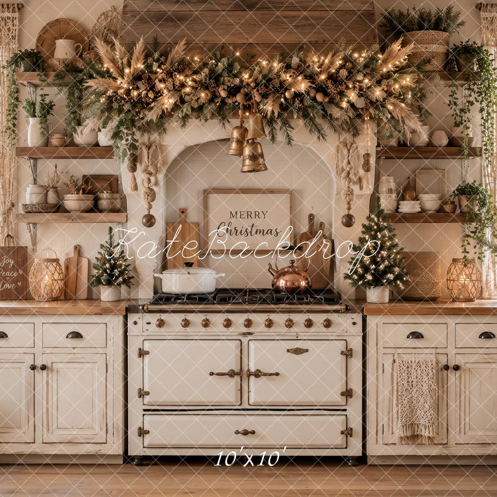 Kate Christmas Kitchen Boho Farmhouse Garland White Cabinet Printed Backdrop Designed by Ashley Paul
