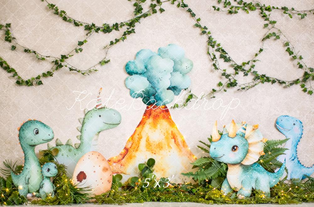 Kate Cake Smash Dinosaur Volcano Jungle Vines Printed Backdrop Designed by Megan Leigh Photography