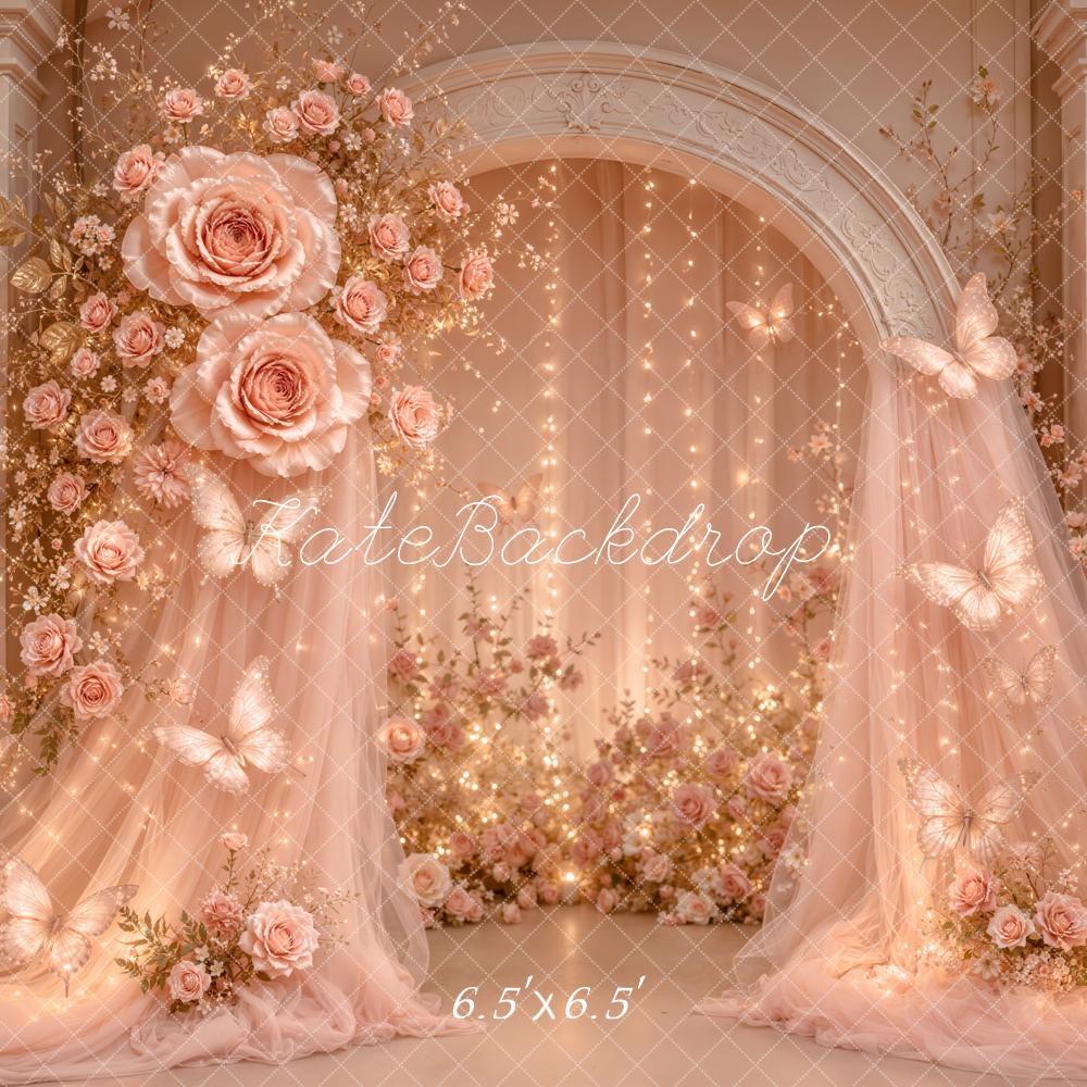 Kate Fairy Rose Arch Pink Drapes Butterflies Lights Printed Backdrop Designed by Emetselch