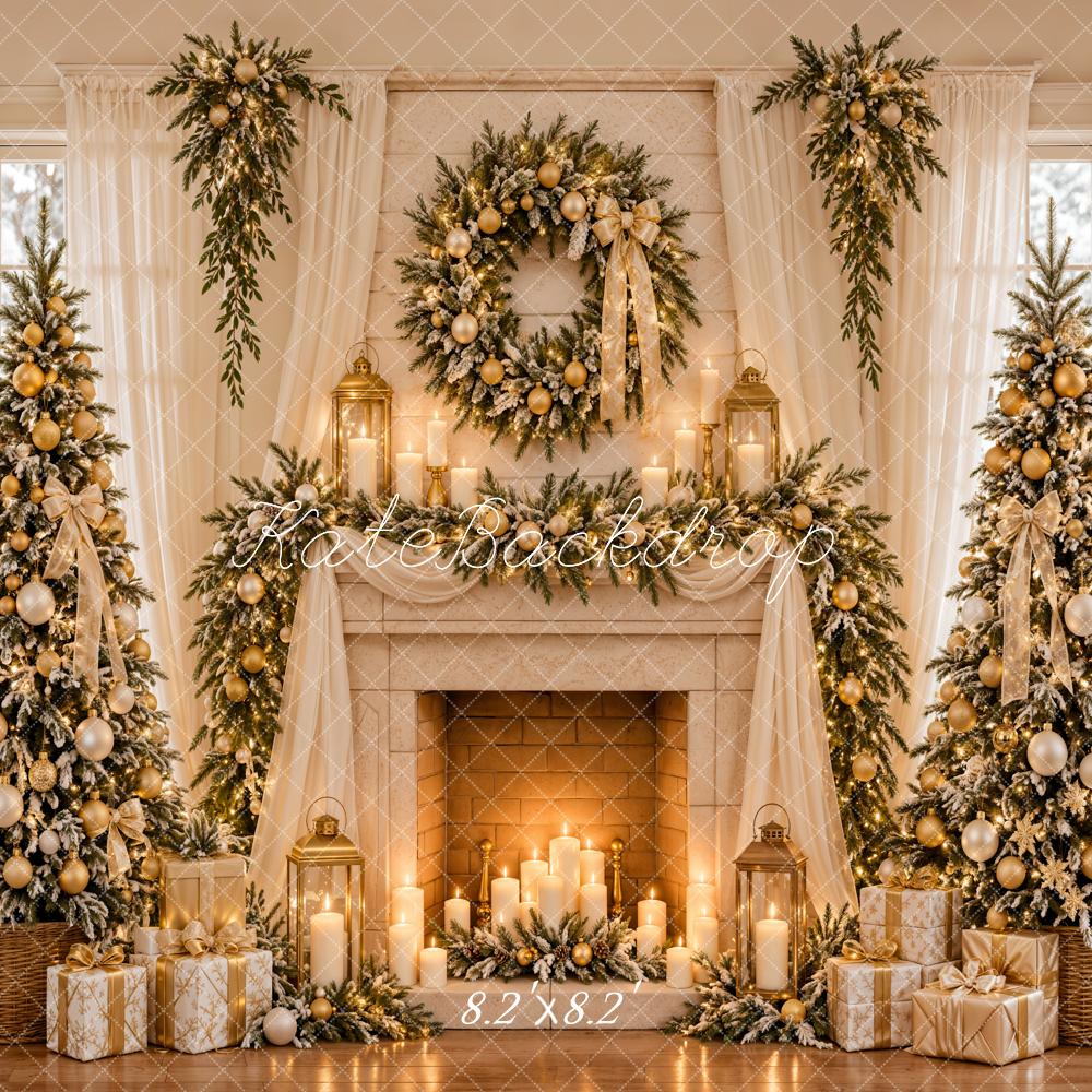 Kate Christmas Fireplace  Christmas Trees Wreath Gold Ornaments Window Printed Backdrop Designed by Emetselch