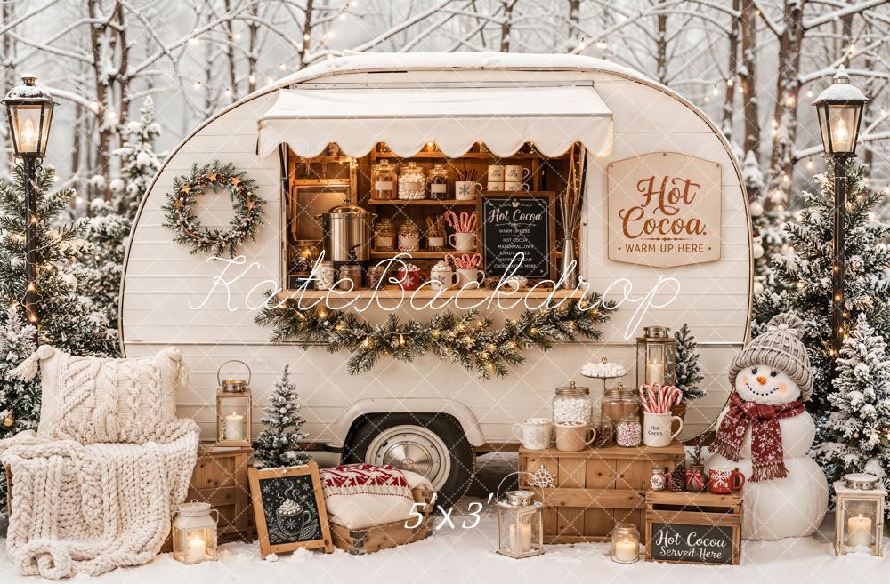 Kate Christmas Hot Cocoa Camper Snowy Forest Snowman Printed Backdrop Designed by Emetselch