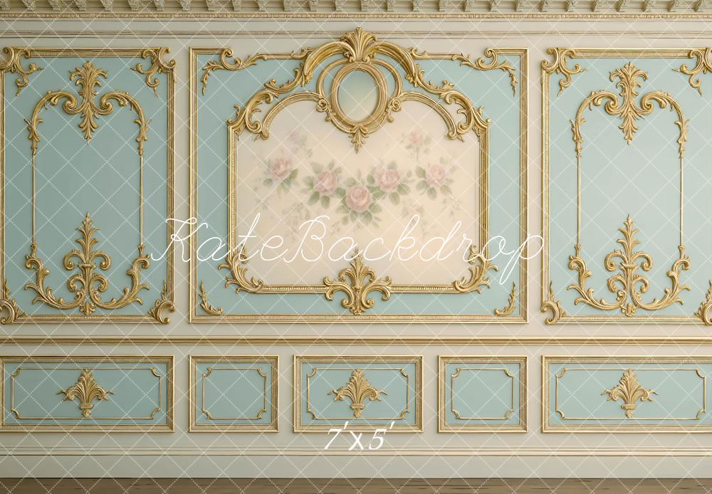 Kate Rococo Blue Vintage Wall Gold Floral Panel Backdrop Designed by Mini MakeBelieve