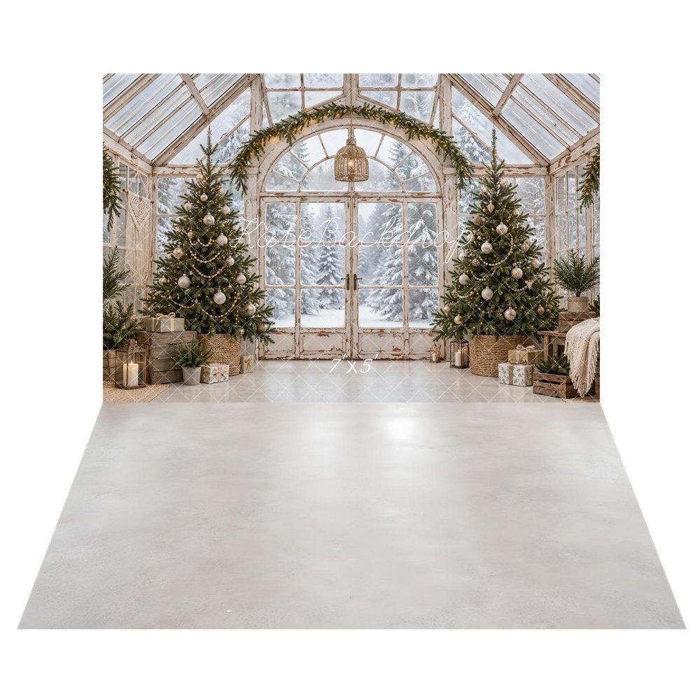 Kate Christmas Greenhouse Twin Trees Snowy Forest Printed Backdrop+Light Gray Glossy Floor Printed Backdrop