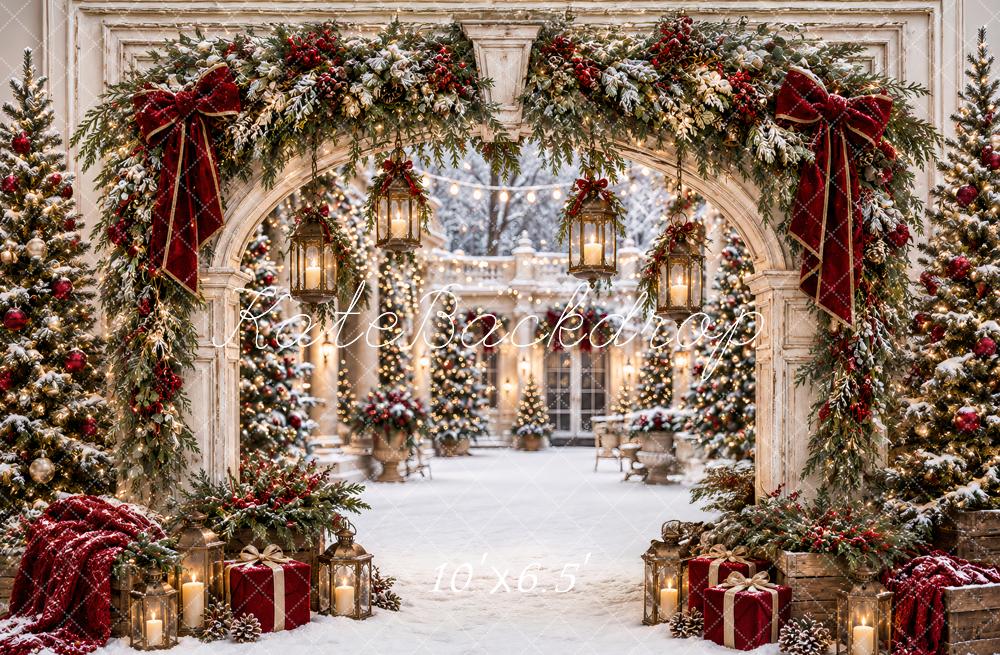 Kate Christmas White Archway Red Velvet Garland Trees Lanterns Printed Backdrop Designed by Ashley Paul