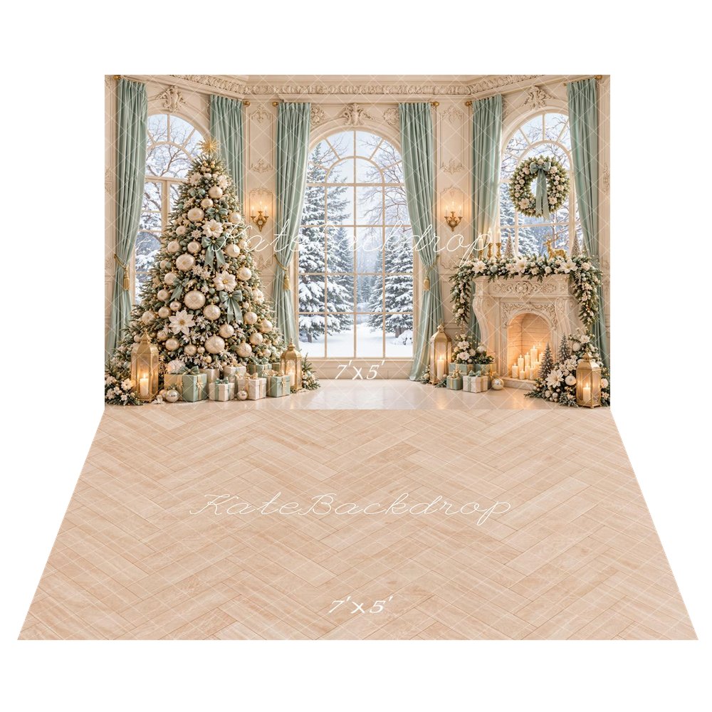 Kate Christmas Tree Fireplace Wreath Snowy Window Printed Backdrop+Beige Herringbone Wood Texture Printed Backdrop