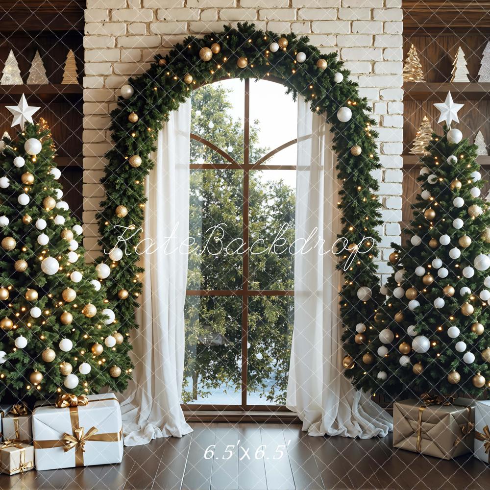 Kate Christmas Trees Garland Window Presents White Brick Backdrop Designed by Mini MakeBelieve