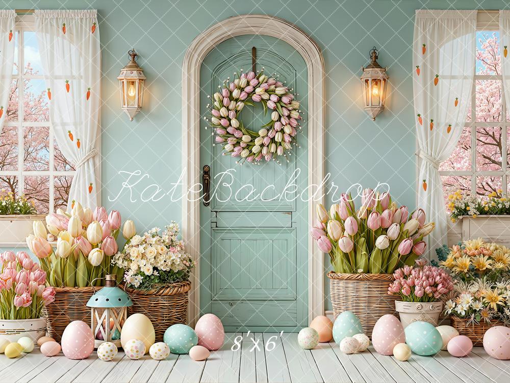 Kate Easter Bunny Pastel Eggs Tulip Wreath Door Backdrop Designed by Emetselch