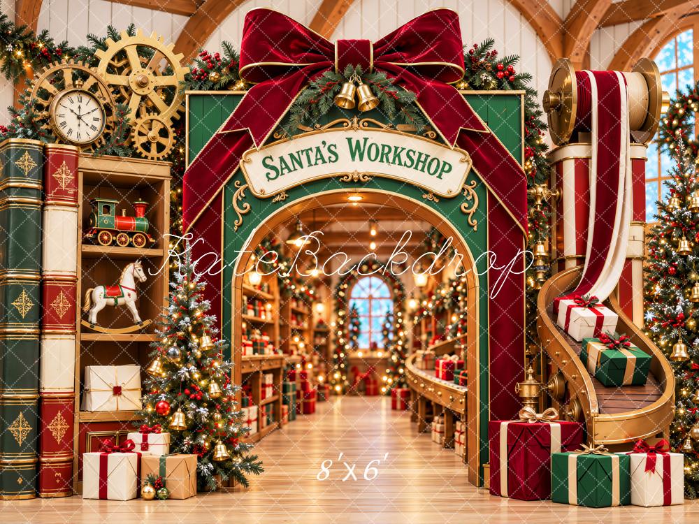 Kate Christmas Santa's Workshop Bow Arch Gifts Printed Backdrop Designed by Emetselch
