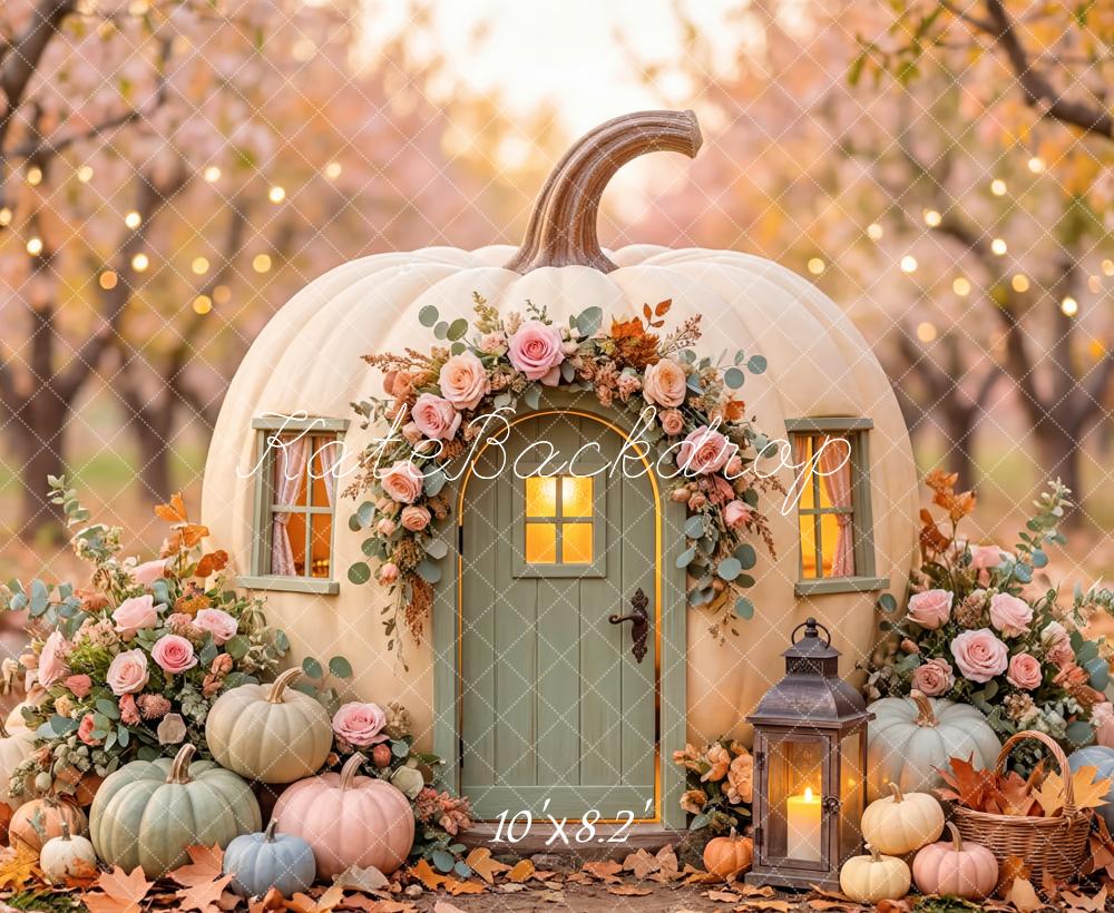Kate Fall Pumpkin House Flowers Lantern Printed Backdrop Designed by Patty Roberts