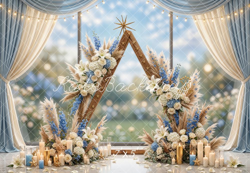 Kate Mother's Day Flower Arch Triangular Frame Candles Blue and White Drapes Printed Backdrop Designed by Emetselch