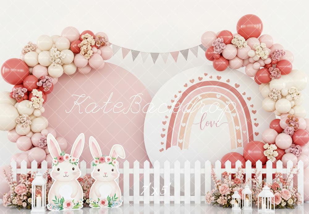 Kate Easter Bunny Pink Balloon Arch Floral Rainbow Backdrop Designed by Patty Roberts