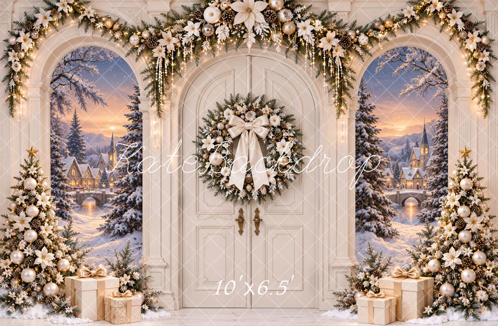 Kate Christmas Arch Door Snowy Village Wreath Trees Printed Backdrop Designed by Emetselch