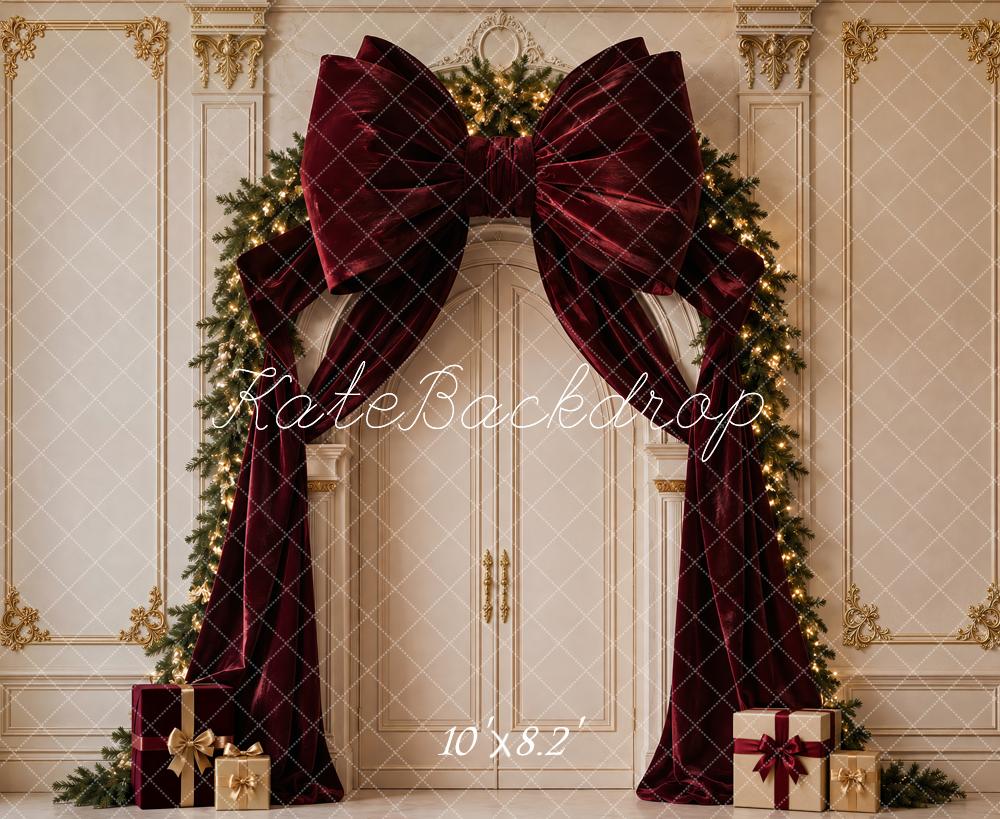 Kate Christmas Burgundy Velvet Bow Garland Arch Printed Backdrop Designed by Vertigo Productions