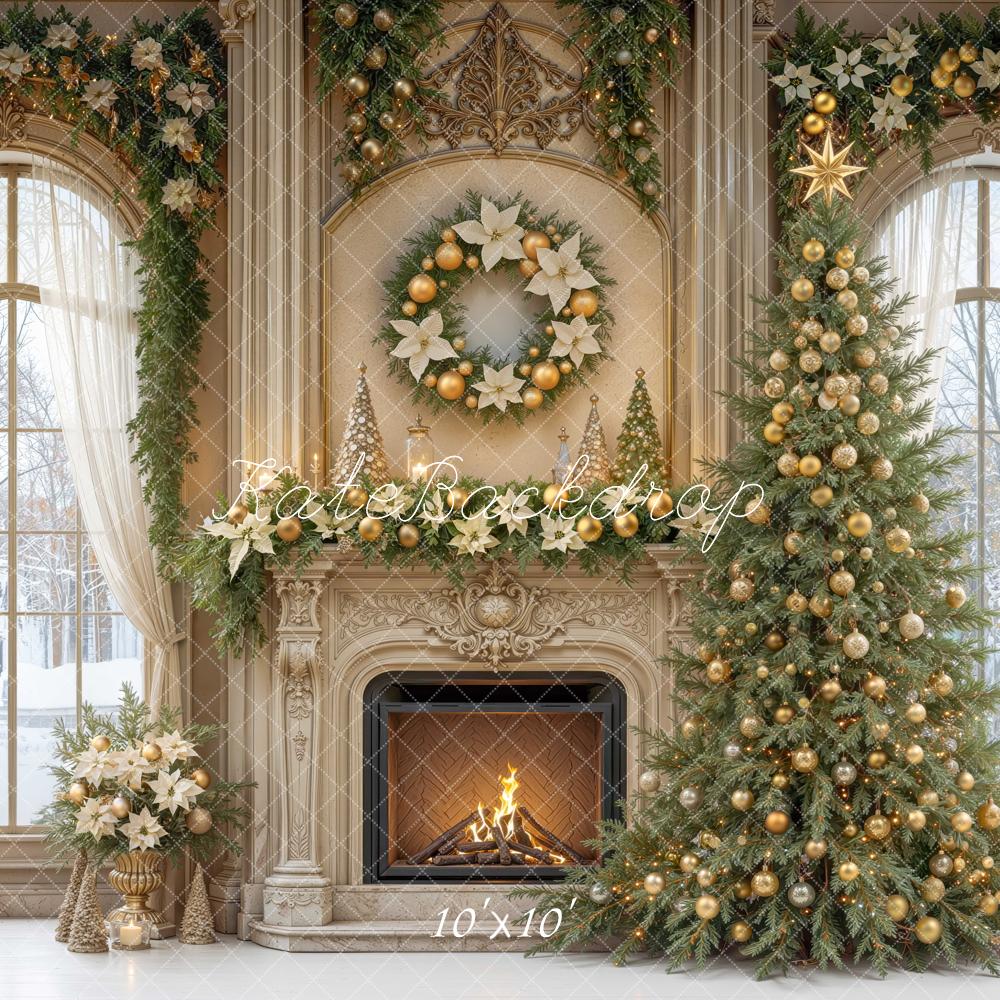 Kate Christmas Tree Fireplace Wreath Garland Arched Window Printed Backdrop Designed by Mini MakeBelieve