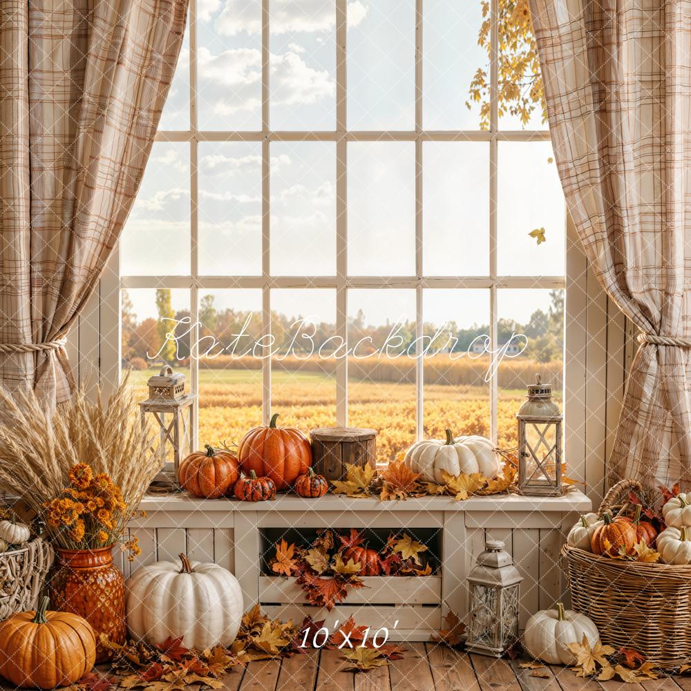 Kate Fall Pumpkin Window Rustic Plaid Curtain Field Printed Backdrop Designed by Emetselch