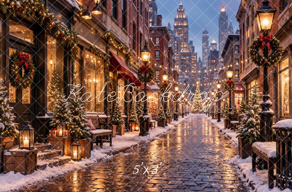 Kate Christmas City Street Snowy Buildings Cobblestone Printed Backdrop Designed by Jordan Moon