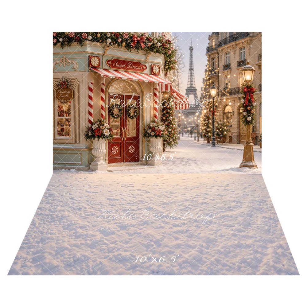 Kate Christmas Paris Candy Shop Snowy Street Printed Backdrop+Snowy Floor Printed Backdrop