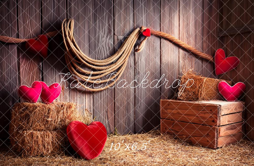 Kate Valentine's Day Rustic Barn Hearts Straw Printed Backdrop Designed by Fantasyphotoart