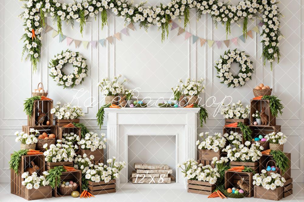 Kate Easter Bunny White Floral Fireplace Crates Printed Backdrop Designed by Mini MakeBelieve