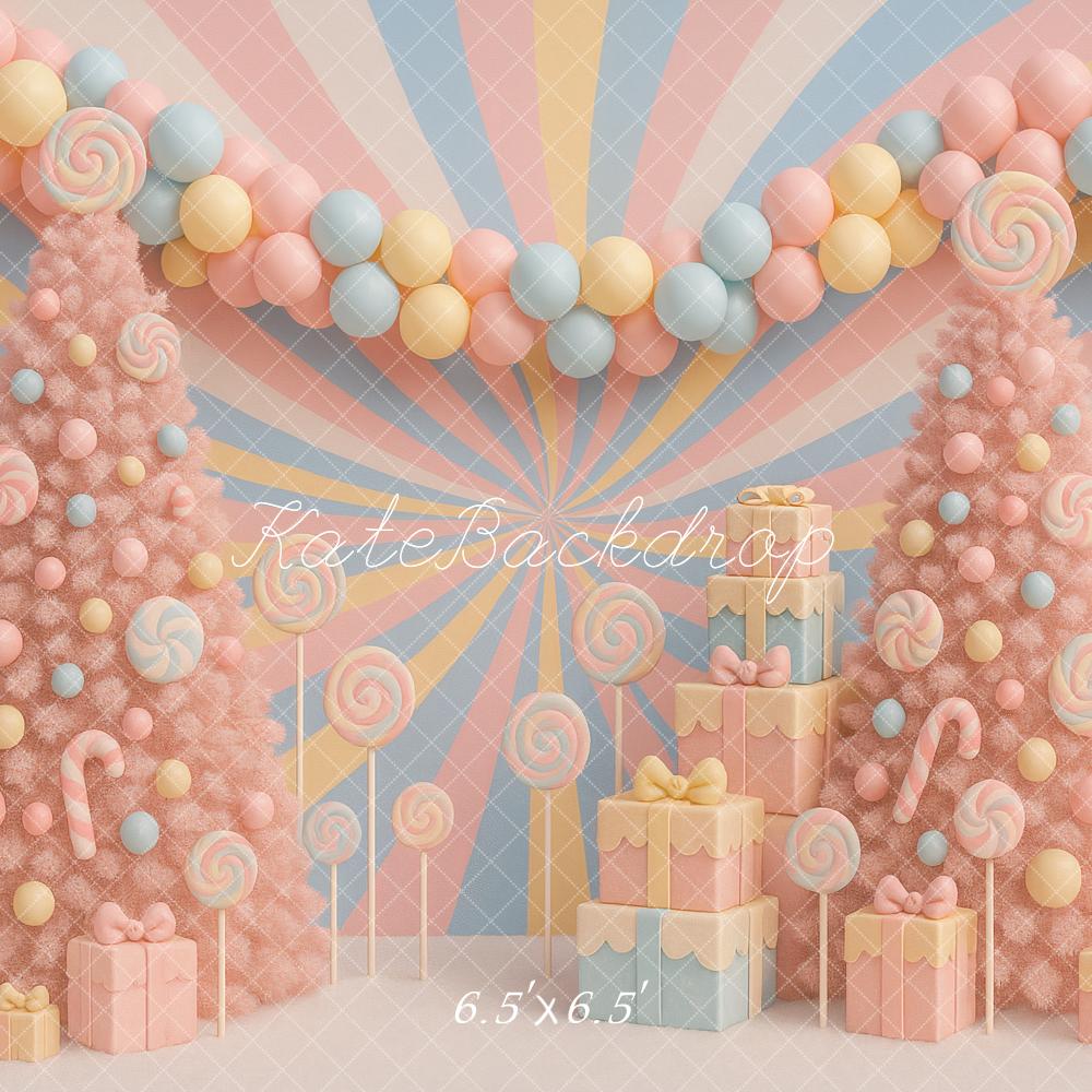 Kate Christmas Birthday Pastel Candy Trees Lollipops Gifts Balloons Backdrop Designed by Ashley Paul
