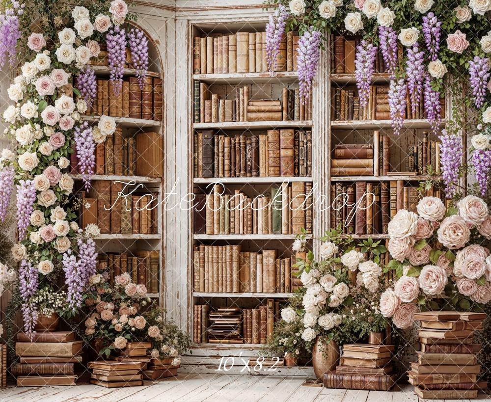 Kate Flower Arch Bookshelf Books Vintage Wall Printed Backdrop Designed by Emetselch