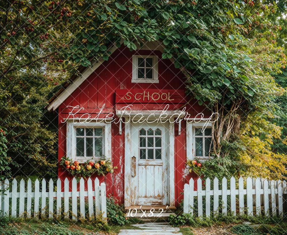 Kate Back to School White Fence Red Cottage Backdrop Designed by Emetselch