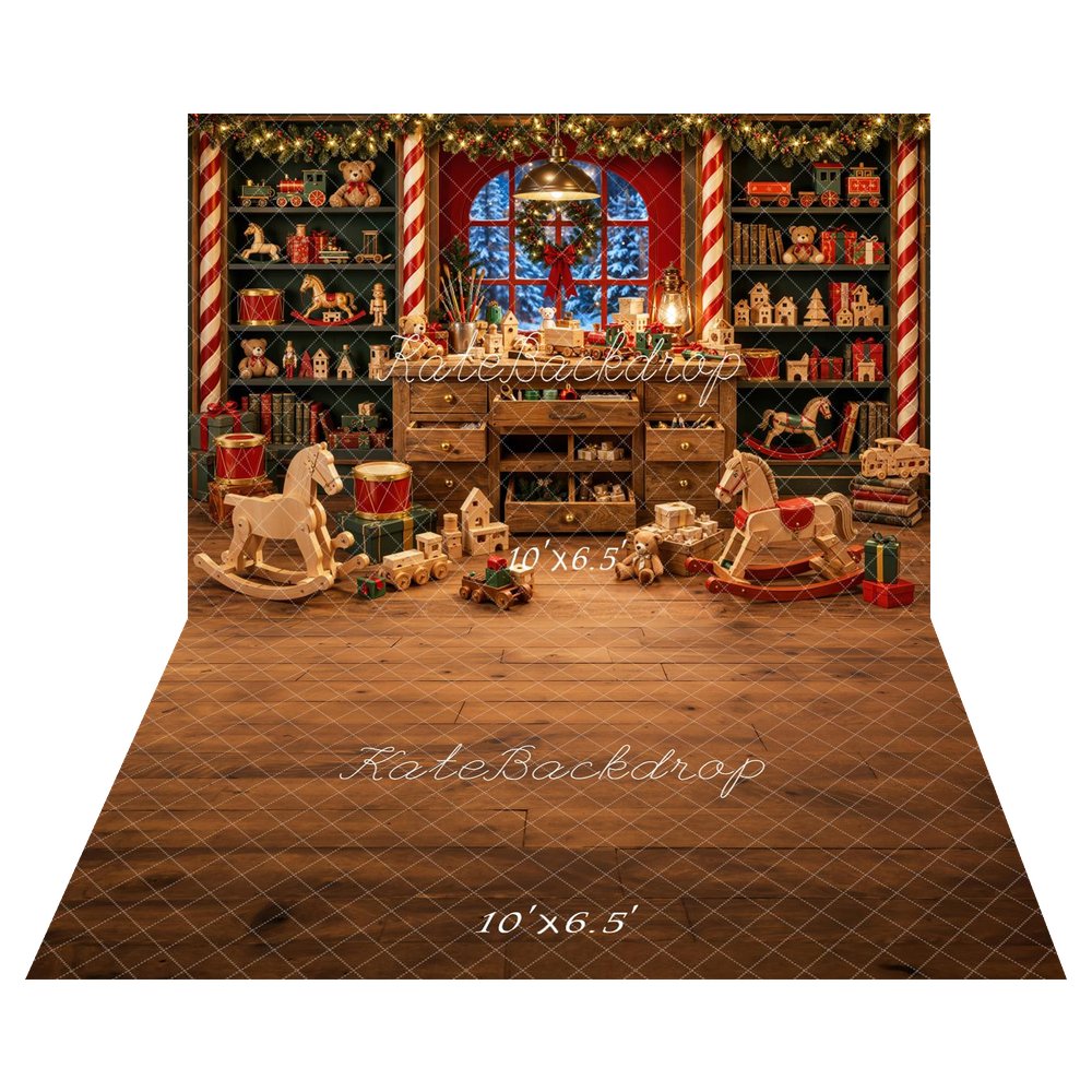 Kate Christmas Toys Room Wooden Rocking Horse Teddy Bear Printed Backdrop+Brown Wooden Floor Printed Backdrop
