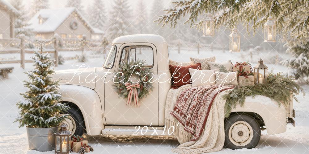Kate Christmas Countryside Vintage White Truck Snowy Lanterns Blanket Printed Backdrop Designed by Emetselch