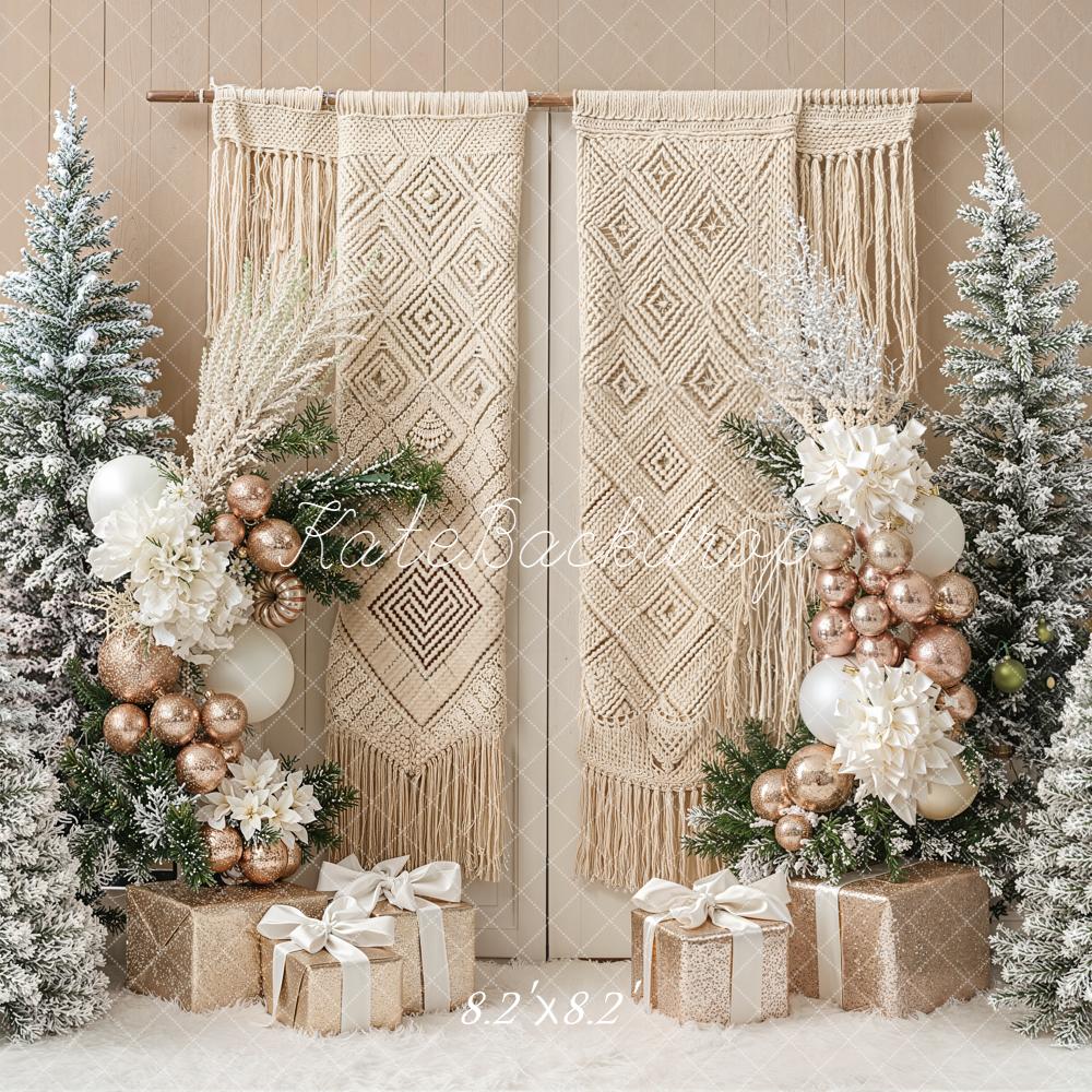 Kate Christmas Boho Macrame Frosted Trees Gift Boxes Backdrop Designed by Emetselch