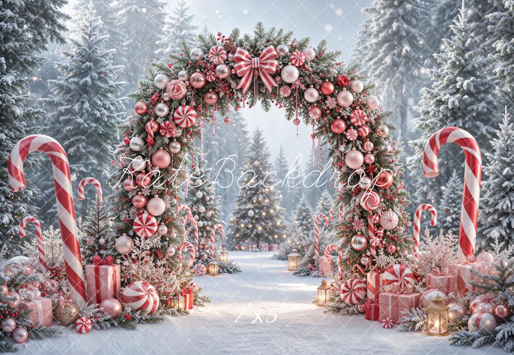 Kate Christmas Candy Arch Peppermint Gifts Snowy Forest Printed Backdrop Designed by Emetselch