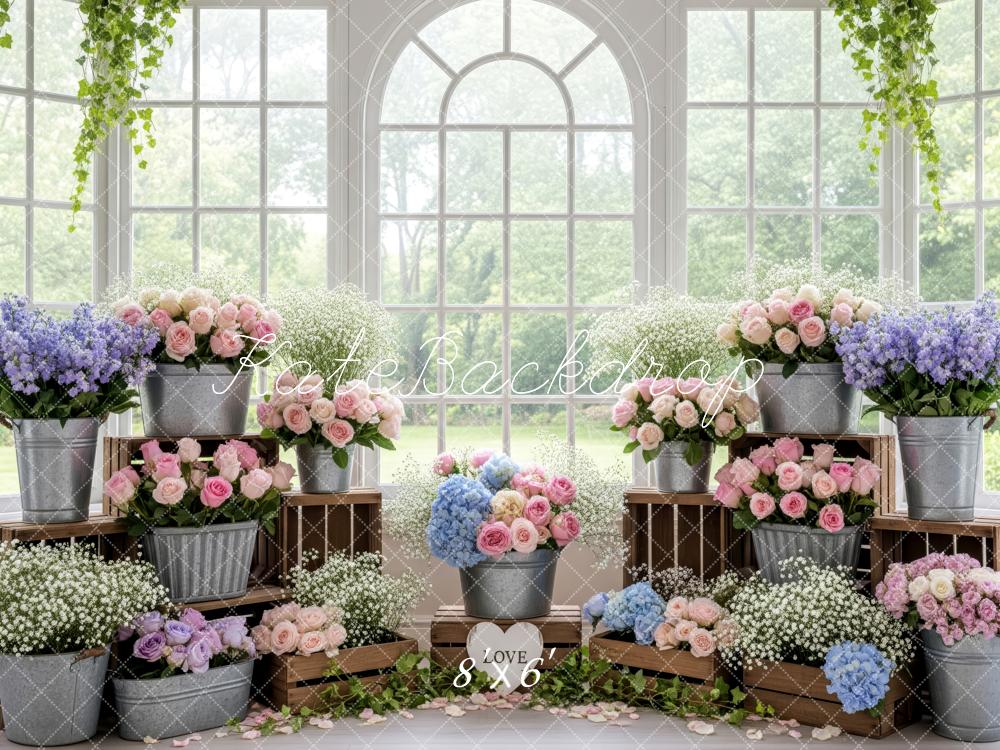 Kate Pastel Flower Buckets Wooden Crates Window Backdrop Designed by Patty Roberts