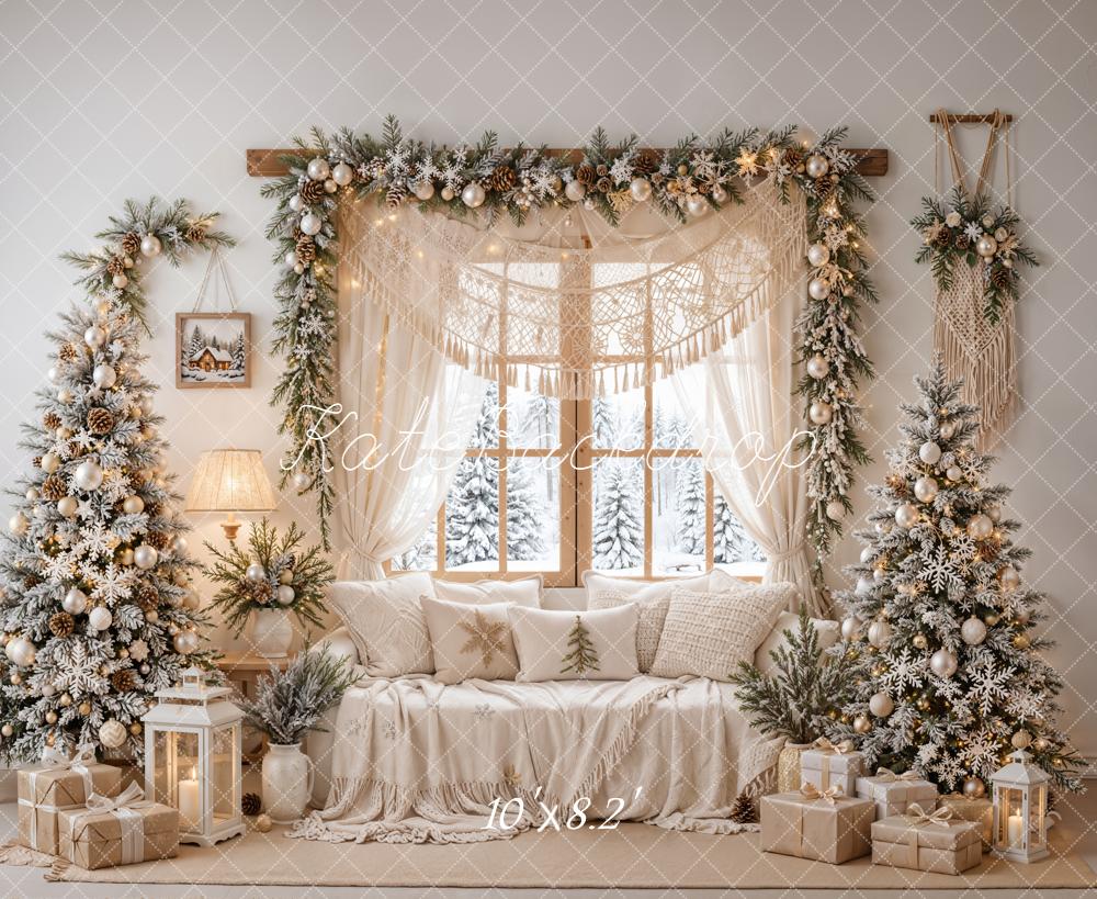 TEST Kate Christmas Boho Cozy Living Room Trees Snow Window Printed Backdrop Designed by Emetselch