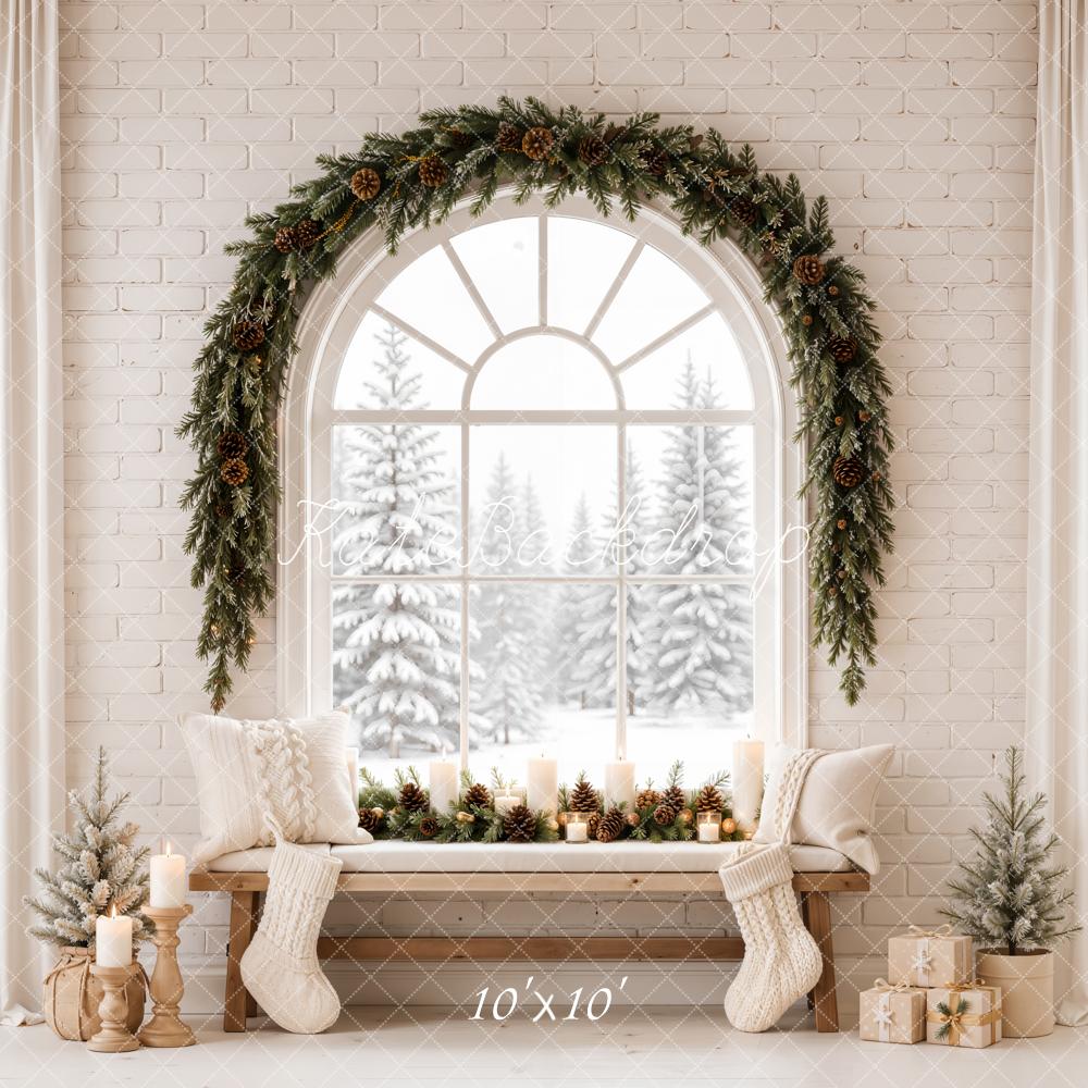 Kate Christmas Arched Window Cozy Bench Garland Snowy Forest Printed Backdrop Designed by Emetselch