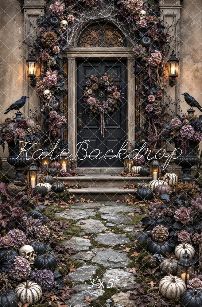 Kate Halloween Gothic Vintage Black Doorway Flower Arch Ravens Pumpkins Printed Backdrop Designed by Emetselch