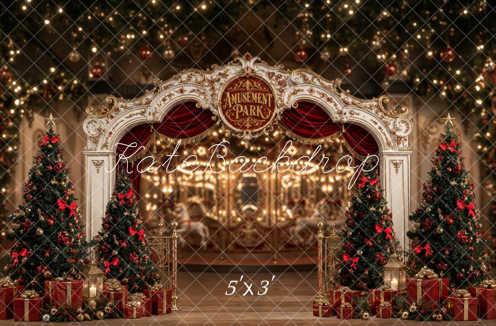 Kate Christmas Amusement Park Arch Christmas Trees Printed Backdrop Designed by Emetselch