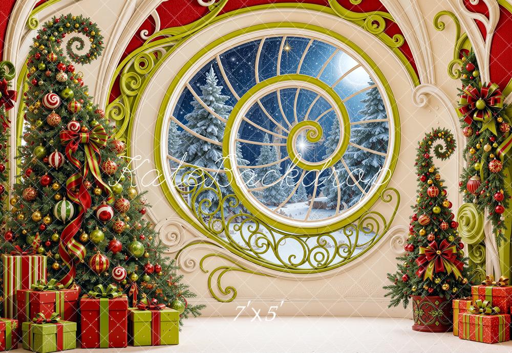 Kate Christmas Elf Spiral Window Decorated Trees Gifts Printed Backdrop Designed by Shutter Swan Studios