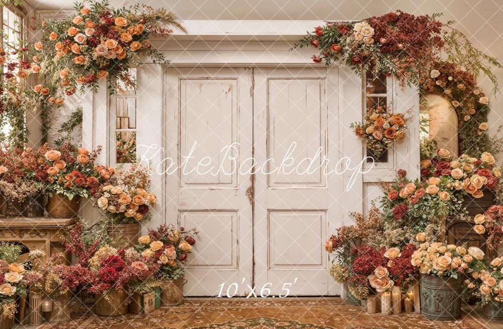 Kate Spring Flower Arch Vintage White Doors Peach and Red Roses Backdrop Designed by Emetselch