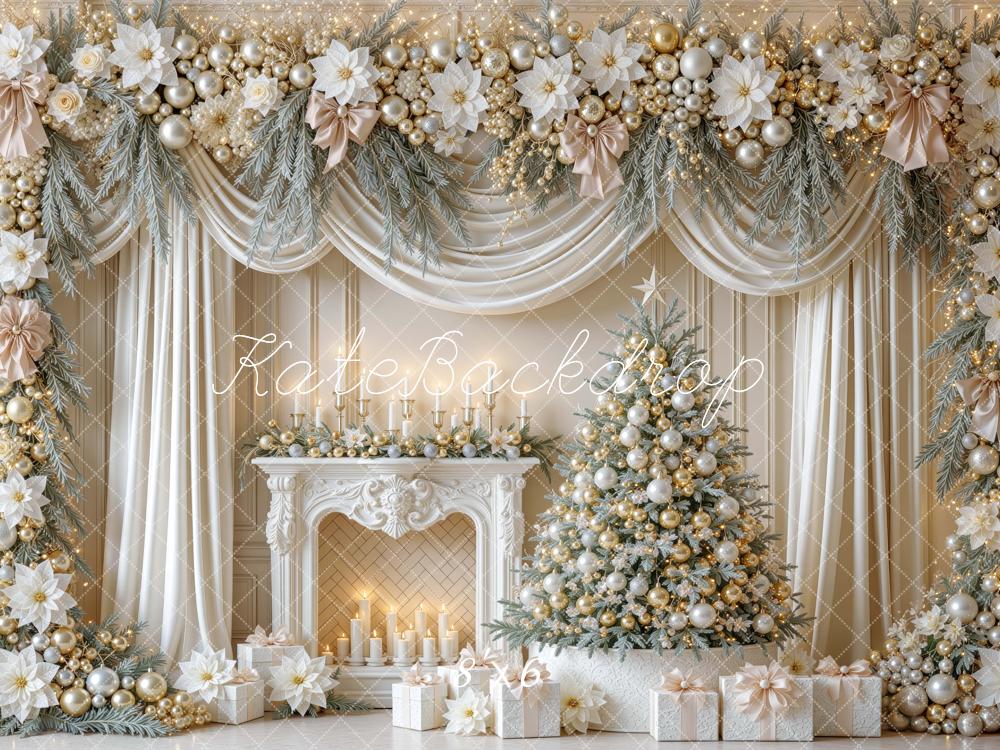 Kate Christmas Fireplace Ivory Gold Garland Tree Drapes Printed Backdrop Designed by Mini MakeBelieve