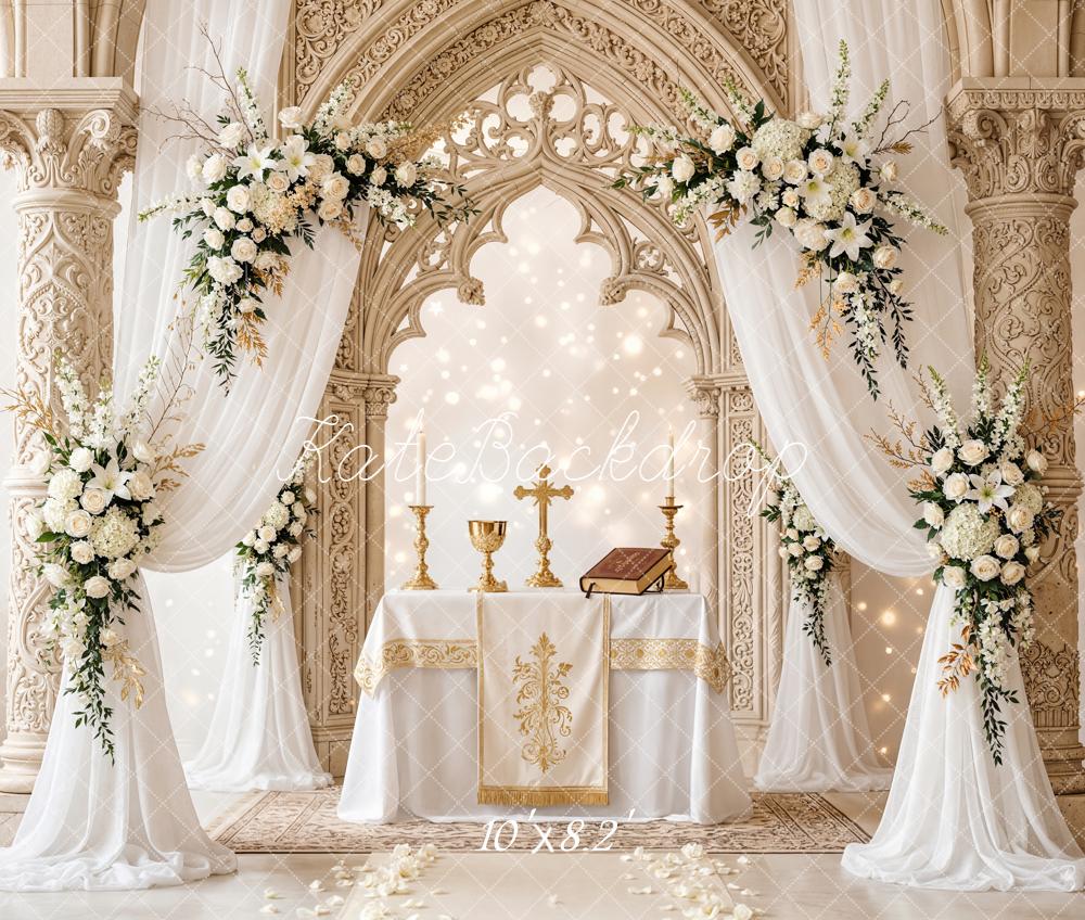 Kate Mother's Day Floral Arch Ornate Columns Altar Printed Backdrop Designed by Chain Photography