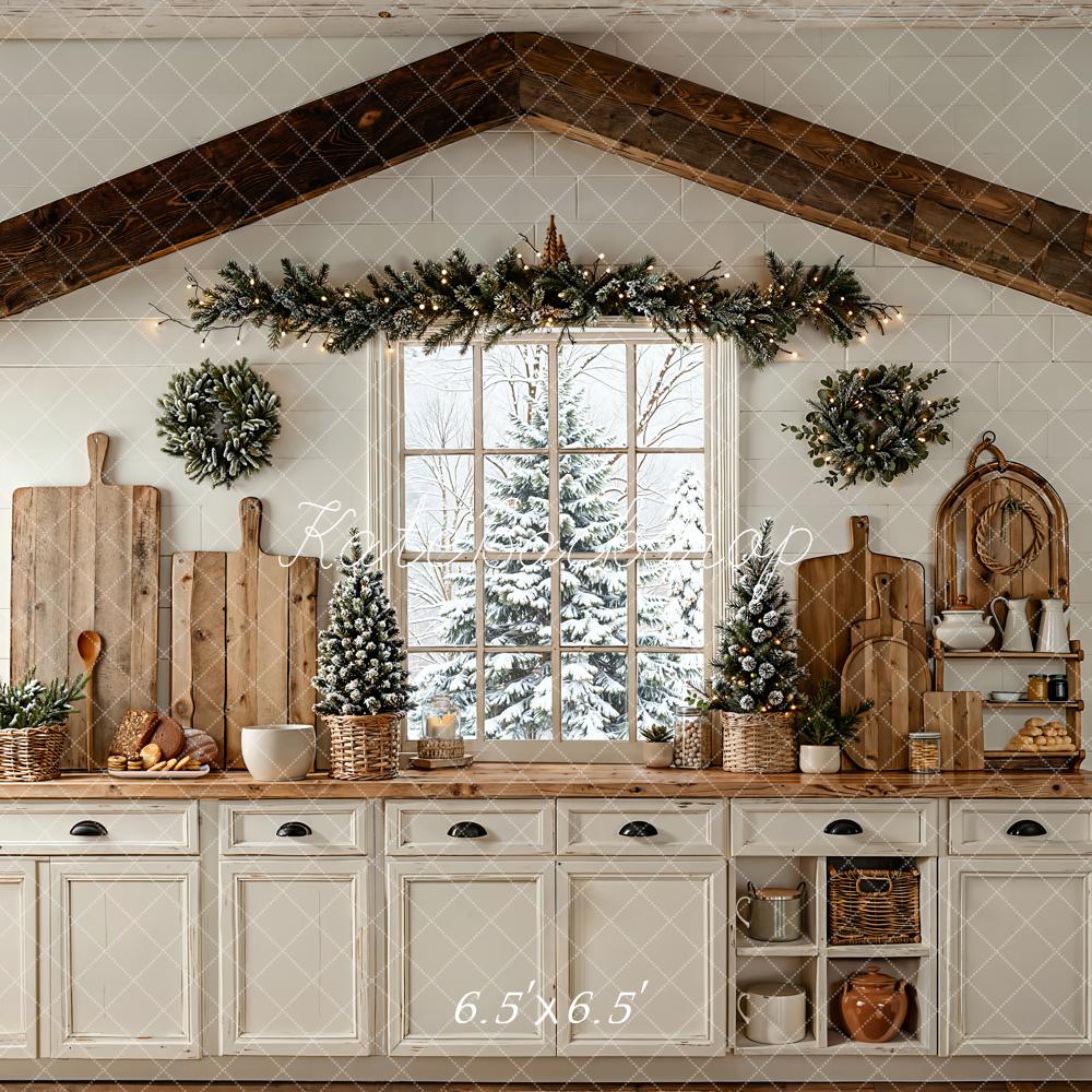 Kate Christmas Kitchen Window Garland Wreaths Rustic White Backdrop Designed by Emetselch