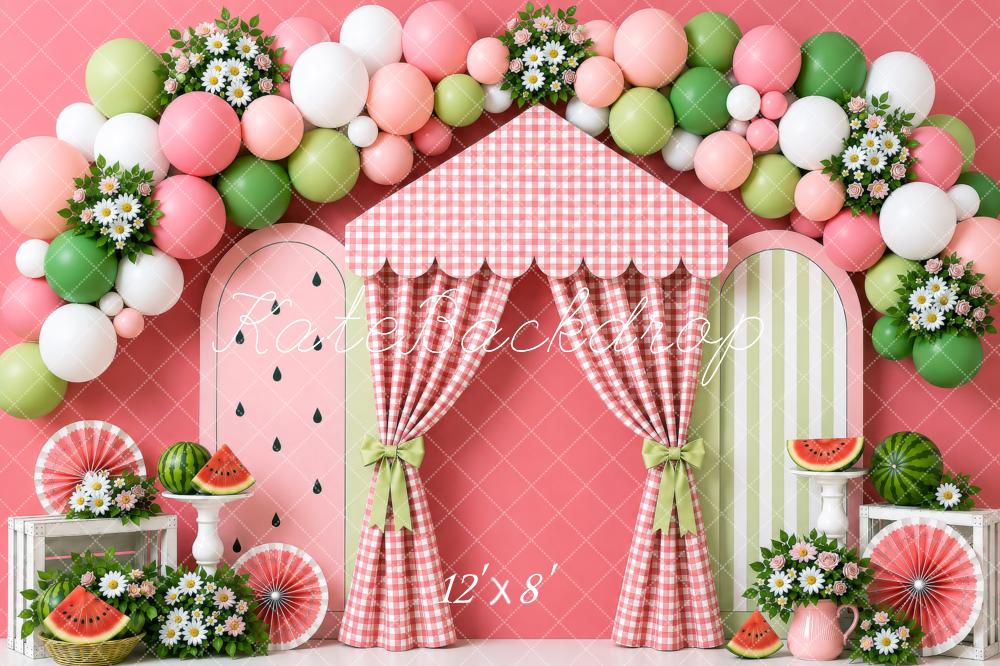 Kate Cake Smash Summer Watermelon Balloon Flowers Gingham Curtain Printed Backdrop Designed by Shutter Swan Studios