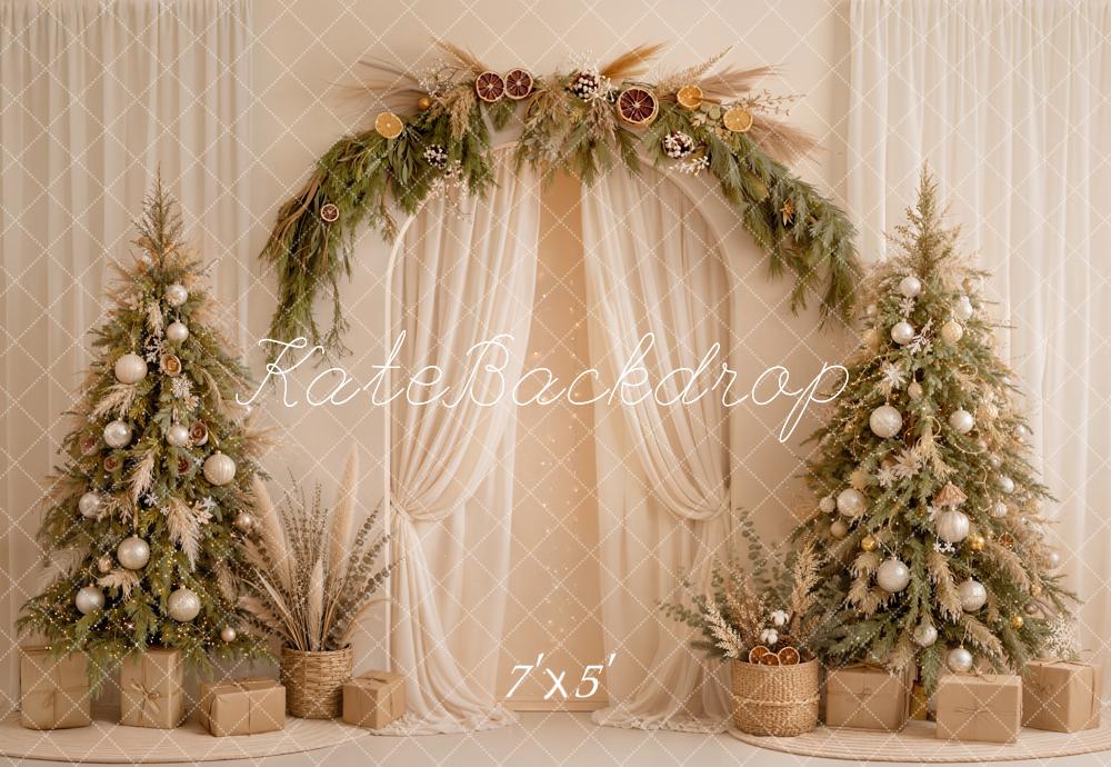 Kate Christmas Boho Flower Arch Cream Drapes Neutral Trees Printed Backdrop Designed by Emetselch