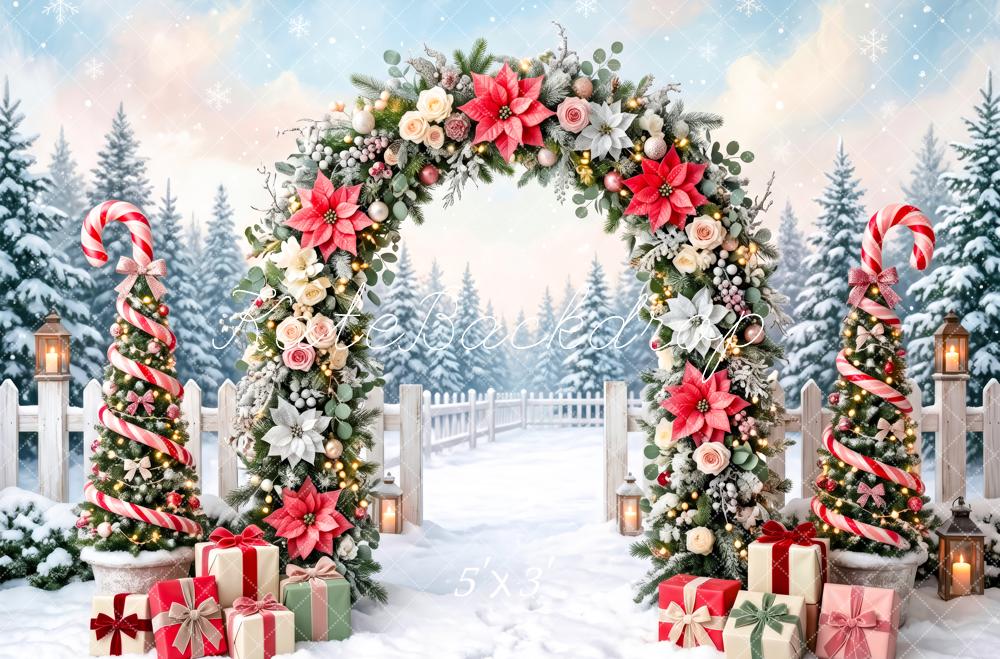 Kate Christmas Candy Cane Floral Arch Gifts Snow Printed Backdrop Designed by Patty Roberts