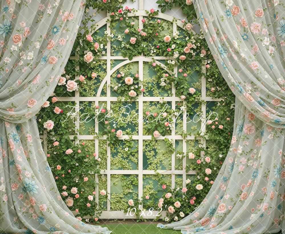 Kate Summer Floral Trellis with Sheer Curtains Printed Backdrop Designed by Mini MakeBelieve