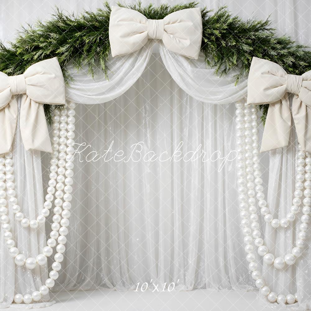 Kate Christmas Bows Pearls Garland Flower Arch Greenery Drapes Printed Backdrop Designed by Mini MakeBelieve