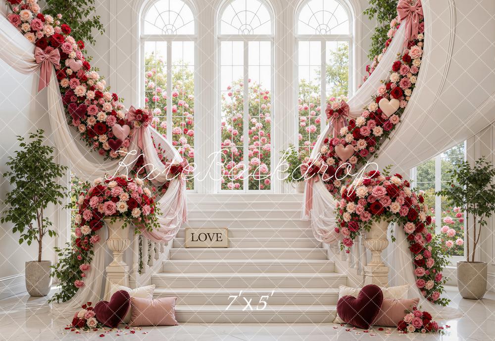 Kate Valentine's Day Cascading Stairs Roses Drapes Arched Windows Printed Backdrop Designed by Emetselch