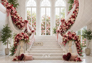 Kate Valentine's Day Cascading Stairs Roses Drapes Arched Windows Printed Backdrop Designed by Emetselch